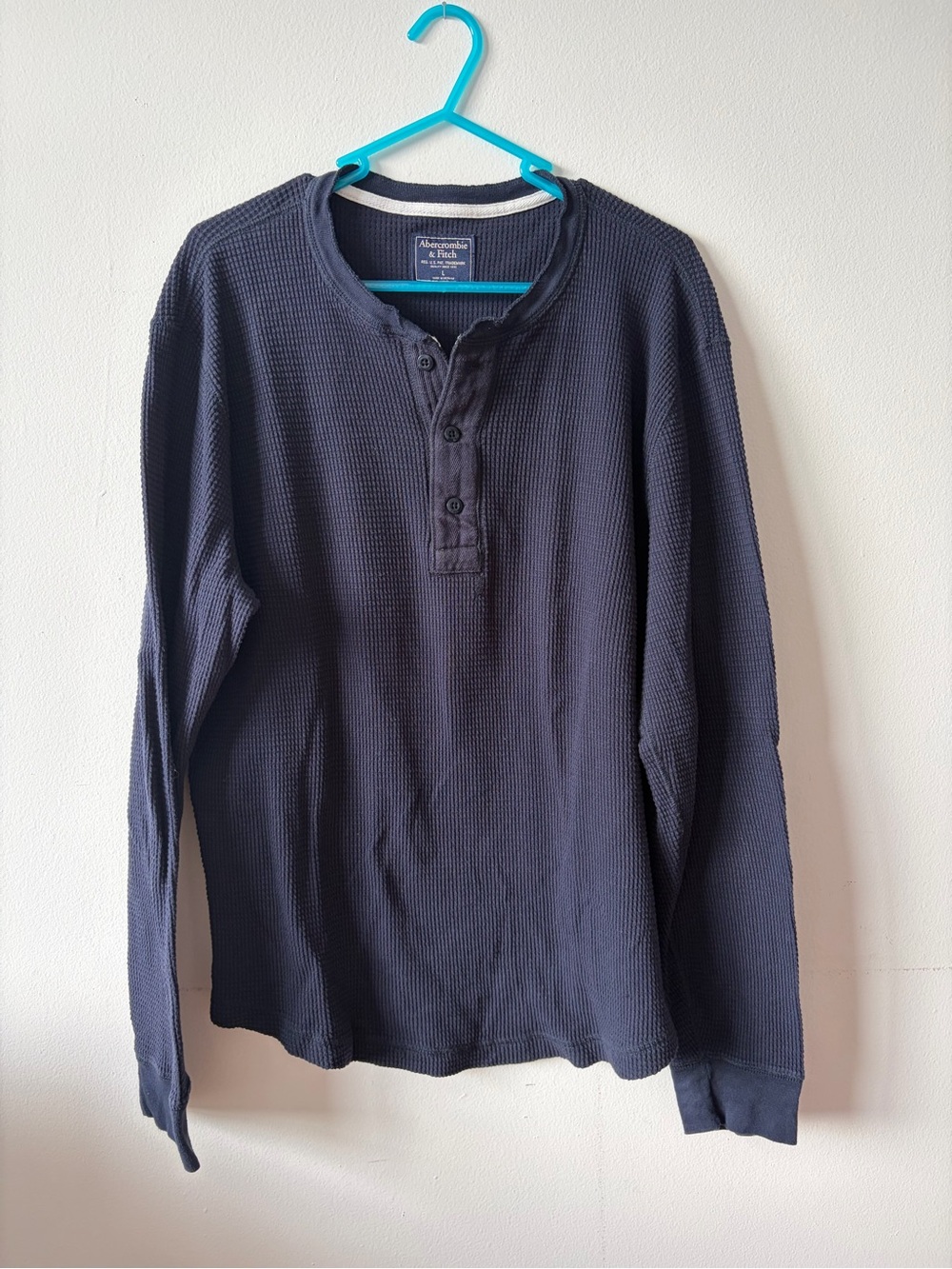 Abercrombie & Fitch Thermal Henley Shirt Mens Large Navy Blue Waffle Knit LS